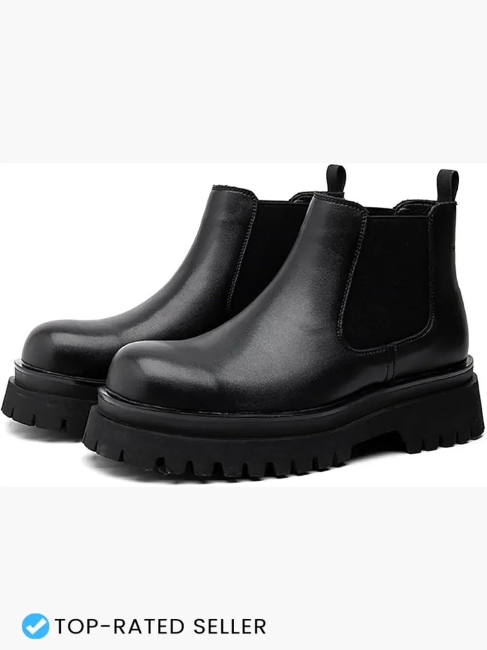 Men's Leather Chunky Platform Heel Stretch Chelsea Boots Wide Toe Slip On Lug